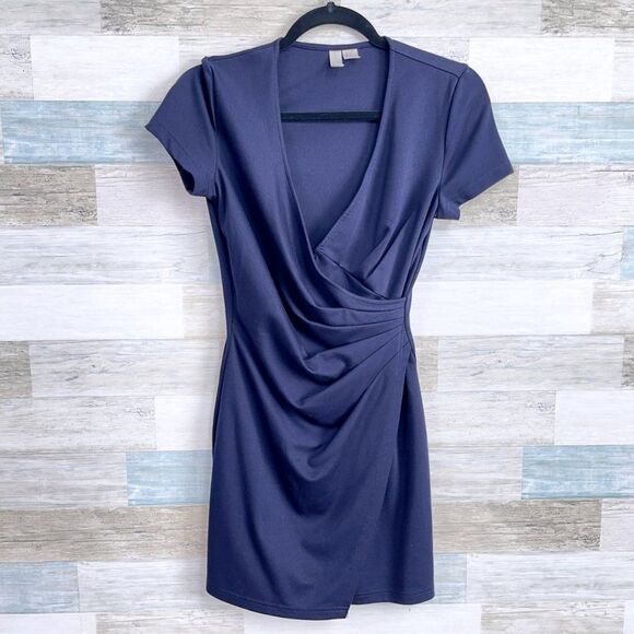 FOREVER 21 Pleated Faux Wrap Ponte Sheath Dress Navy Blue Womens Small - Picture 1 of 6